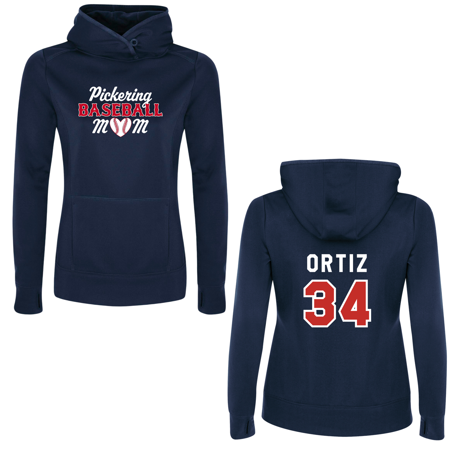 PICKERING BASEBALL MOM LADIES 100% POLYESTER HOODIE WITH NAME + NUMBER OPTION