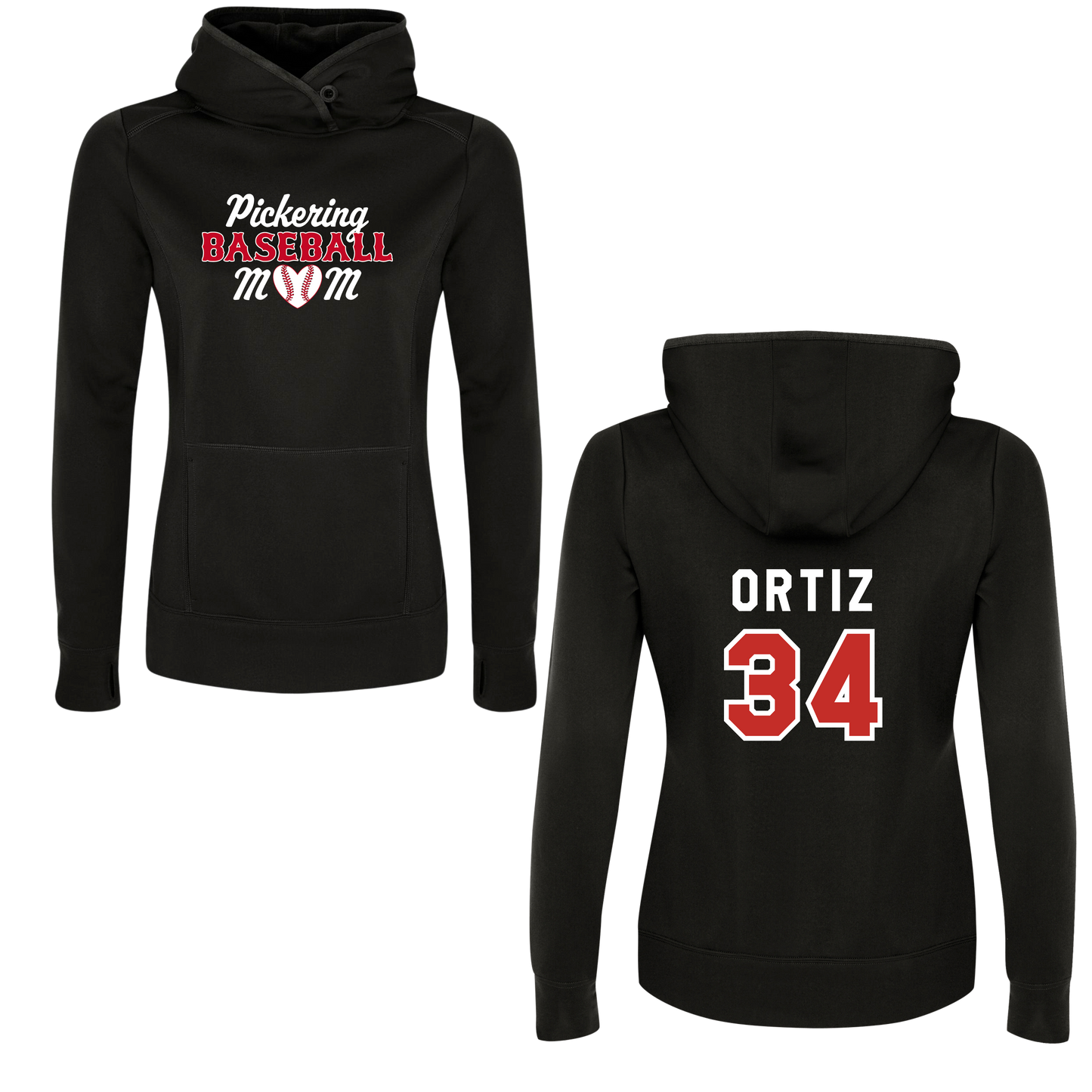 PICKERING BASEBALL MOM LADIES 100% POLYESTER HOODIE WITH NAME + NUMBER OPTION